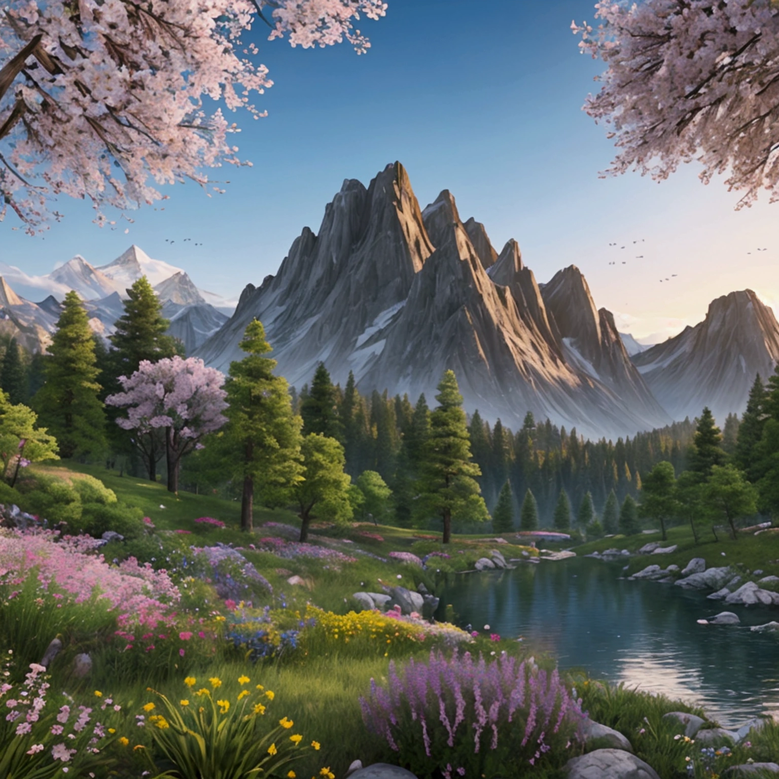 beautiful scenery, d(masterpiece:1.2,Exceptional, Cinematic Experience),8k,wallpaper, Mountain with trees and flowers, Scenery, perfectly detail, extremely detail, realistic, extremely realistic, good hue and saturation, real life color, authentic