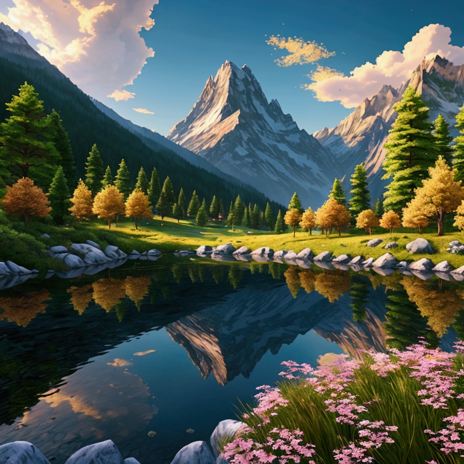 beautiful scenery, d(masterpiece:1.2,Exceptional, Cinematic Experience),8k,wallpaper, Mountain with trees and flowers, Scenery, perfectly detail, extremely detail, realistic, extremely realistic, good hue and saturation, real life color, authentic