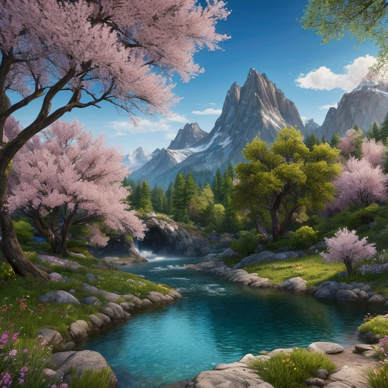 beautiful scenery, d(masterpiece:1.2,Exceptional, Cinematic Experience),8k,wallpaper, Mountain with trees and flowers, Scenery, perfectly detail, extremely detail, realistic, extremely realistic, good hue and saturation, real life color, authentic