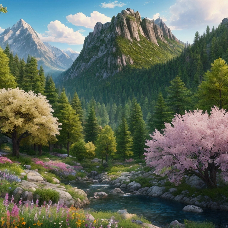 beautiful scenery, d(masterpiece:1.2,Exceptional, Cinematic Experience),8k,wallpaper, Mountain with trees and flowers, Scenery, perfectly detail, extremely detail, realistic, extremely realistic, good hue and saturation, real life color, authentic