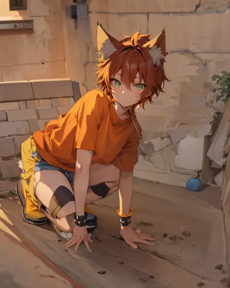 anime boy, cat boy, cute cat boy, young, orange hair, cat ears, green eyes, tan skin, turn cat into anime cat boy, mullet, spiky...