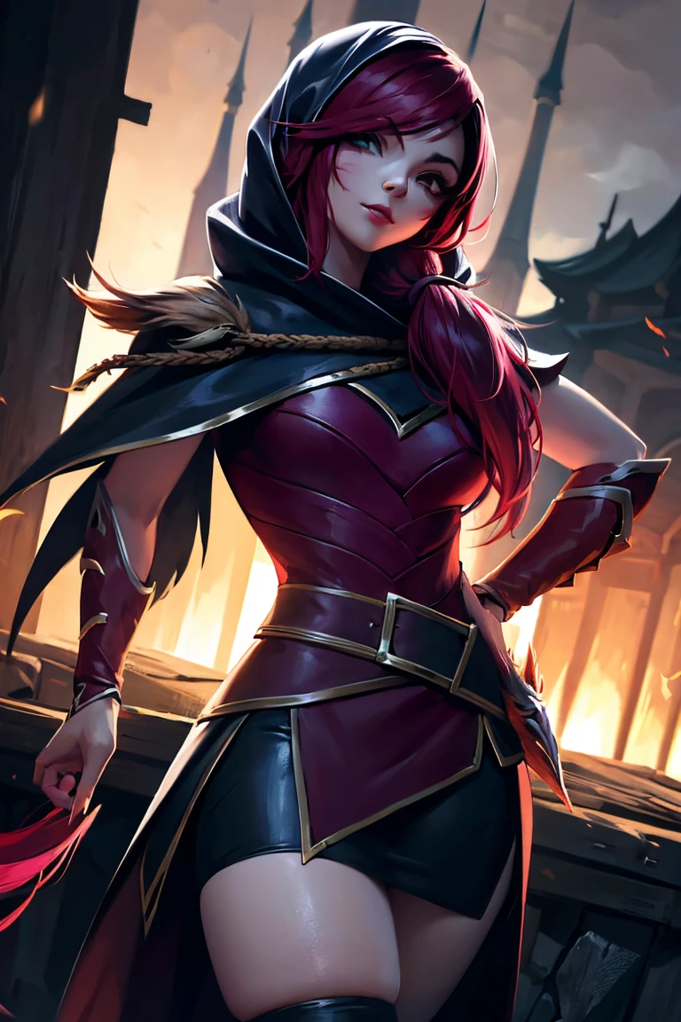 ​masterpiece, 8k, detailed face, portrait, 1 girl, ( xayah (League of Legends 1.1)), hoodie, cape, sexy pose, pretty face, asymmetrical long hair, Red hair, belt, black stockings, Orange eyes, sweet grin, forest in the background, pose for the camera, looking down at viewer, Night City, rainy, Full view