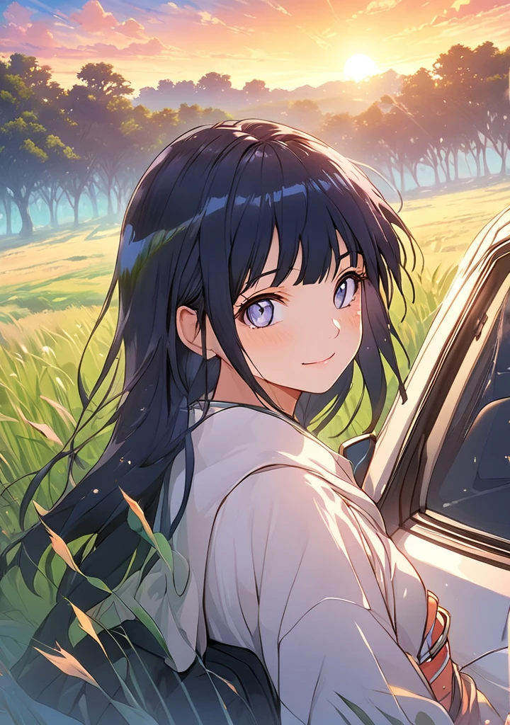 1 girl, Hinata hyuga from Naruto series,(upper body: 1.8) ,attitude smiling, anime landscape of A pearl super sunny red classic 1993 BMW E30 318i sport sits in a field of tall grass with a sunset in the background.character must be sitting on the car, half pants, white sneakers,beautiful anime scene, beautiful anime peace scene, Makoto Shinkai Cyril Rolando, beautiful anime scene, amazing wallpaper, anime art wallpaper 8k, anime background, artistic anime background, anime wallpaper 4k, anime art 4k wallpaper, anime wallpaper art 4k,