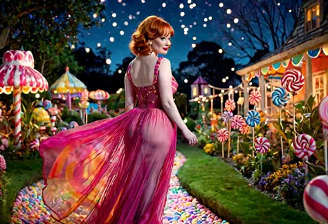 a detailed photo of christina rene hendricks in a sheer colorful gown without underwear, strolling through a candy land garden i...