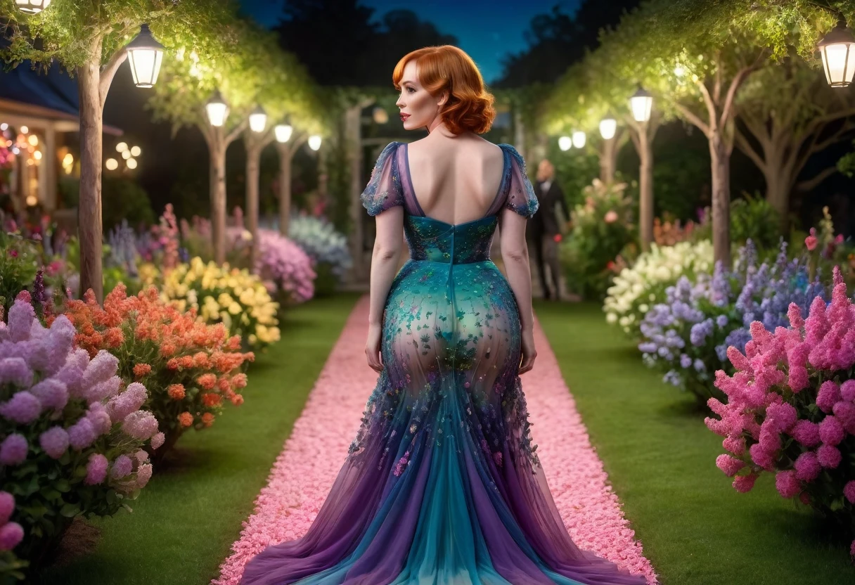 a detailed photo of Christina Rene Hendricks in a sheer colorful gown without underwear, strolling through a candy land garden in full bloom on a moonlit night, sultry poses, mainly viewed from behind, best quality,4k,8k,highres,masterpiece:1.2,ultra-detailed,realistic,photo-realistic:1.37,HDR,UHD,studio lighting,ultra-fine painting,sharp focus,physically-based rendering,extreme detail description,professional,vivid colors,bokeh,portrait
