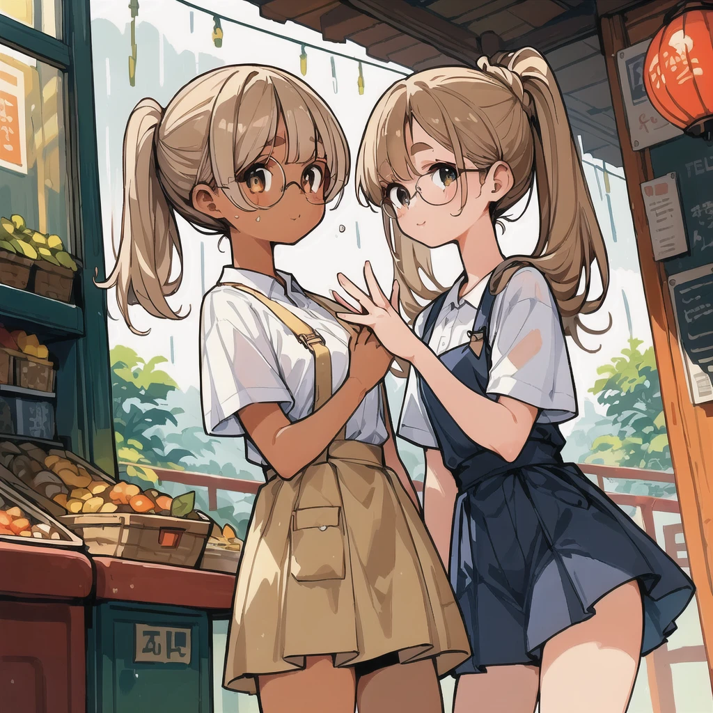 two girls，stand together，looking at each other，Holding each other&#39;s hands tightly，
A girl has brown hair color，Double ponytail big wavy curls，Wearing school uniform，Wearing large round thick-rimmed glasses，Short skirt，stocking，Smile，Round lower body，Buttocks are bigger。Fleshy body。
another girl，Bob head，black hair，length to shoulder，Eyebrows are slightly thick，Sagging eyes，Wearing 4XL large size T,Shoulders exposed，Smile。Look at each other，Carrot pattern printed on clothes，A bit shorter，Clothes length to knee。
It was raining heavily，Two people standing on the street，Soaked all over，Transparent clothes，Warm picture，third person bird&#39;s eye view，NSFW