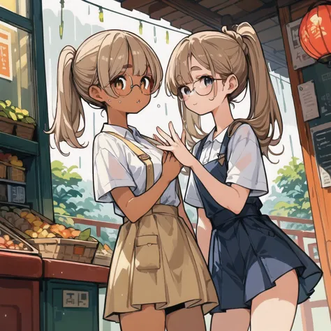 two girls，stand together，looking at each other，holding each other&#39;s hands tightly，
a girl has brown hair color，double ponyta...