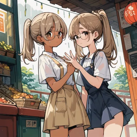 two girls，stand together，looking at each other，holding each other&#39;s hands tightly，
a girl has brown hair color，double ponyta...