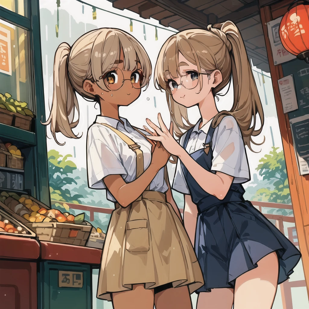 two girls，stand together，looking at each other，Holding each other&#39;s hands tightly，
A girl has brown hair color，Double ponytail big wavy curls，Wearing school uniform，Wearing large round thick-rimmed glasses，Short skirt，stocking，Smile，Round lower body，Buttocks are bigger。Fleshy body。
another girl，Bob head，black hair，length to shoulder，Eyebrows are slightly thick，Sagging eyes，Wearing 4XL large size T,Shoulders exposed，Smile。Look at each other，Carrot pattern printed on clothes，A bit shorter，Clothes length to knee。
It was raining heavily，Two people standing on the street，Soaked all over，Transparent clothes，Warm picture，third person bird&#39;s eye view，NSFW