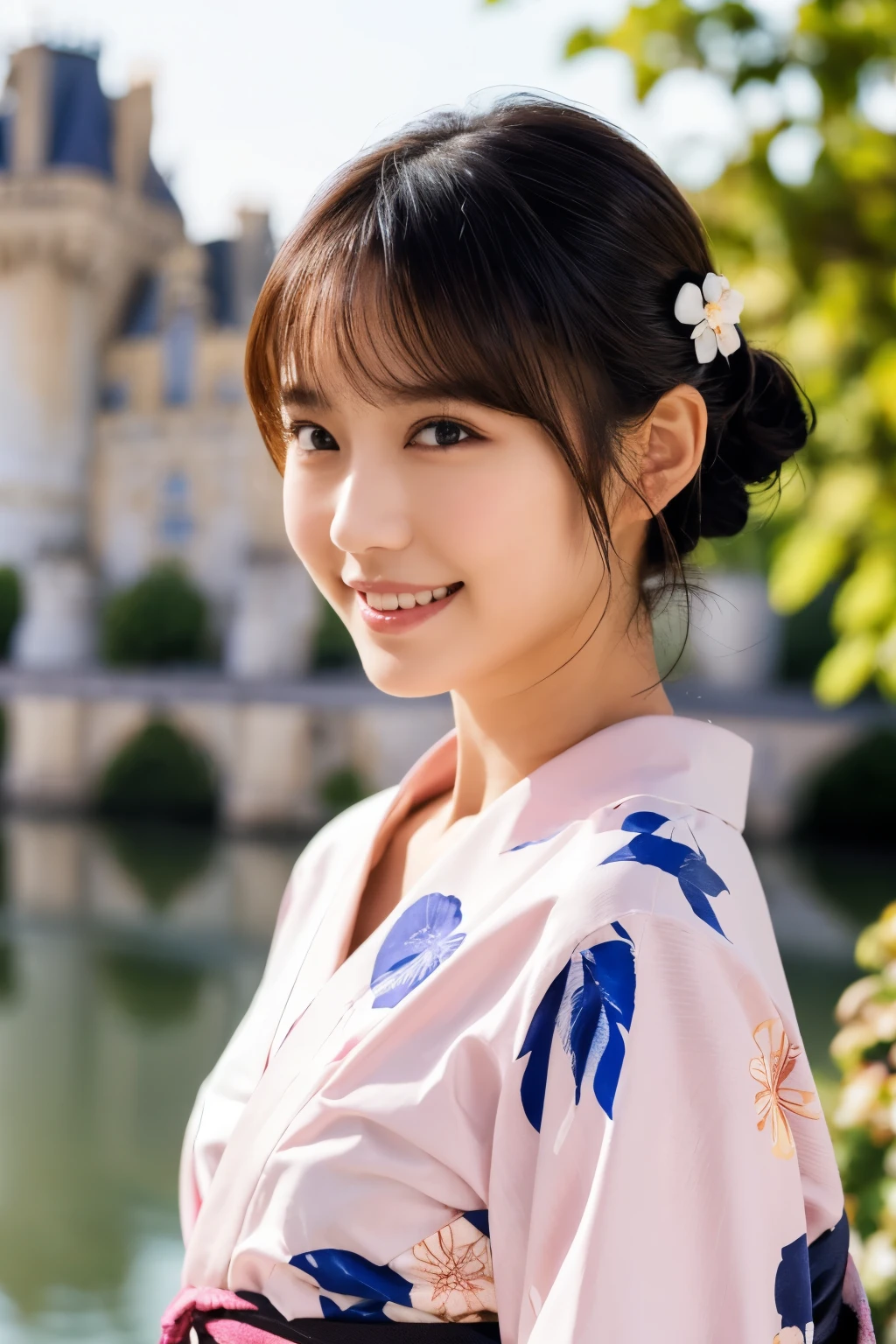 1 person, (Wearing a cute pink yukata.:1.2), Very beautiful Japanese idol portraits, (Young Face),
(RAW Photos, Highest quality), (Realistic, Realistic:1.4), (masterpiece), 
Very delicate and beautiful, Very detailed, 2k wallpaper, wonderful, finely, Very detailed CG Unity 8k 壁紙, Very detailed, High resolution, Soft Light, 
Beautiful details, Very detailed目と顔, Beautiful and sophisticated nose, Beautiful and beautiful eyes, Cinema Lighting, 
(Commemorative photo at the Loire Castle:1.3), 
(Japanese hairstyle), (Tie your hair at the back:1.3), (bangs), (hairpin), 
Complete Anatomy, Slender body, Small breasts, smile