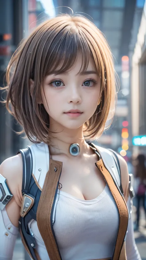 (((a pure and cute beautiful girl stands in a futuristic city:1.2))), (((upper body portrait))), beautiful straight hair, short ...