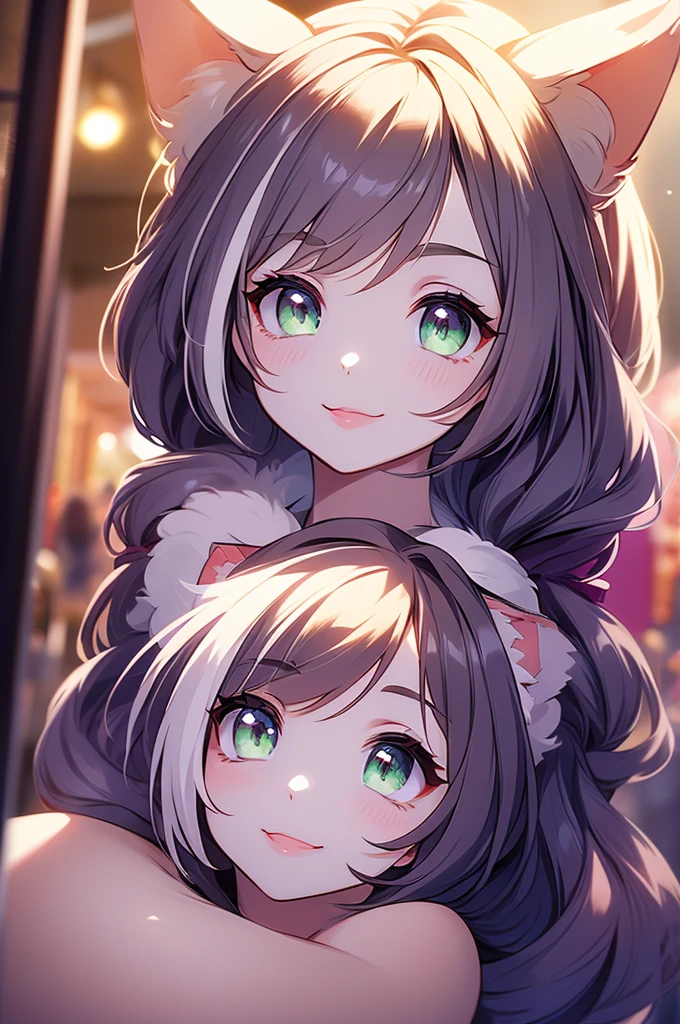 a mother cat girl with her adorable daughter hugging, mother with huge breasts, daughter with short bob haircut, nude, smiling, beautiful detailed eyes, beautiful detailed lips, extremely detailed eyes and face, long eyelashes, photorealistic, highly detailed, 8k, masterpiece, cinematic lighting, dramatic lighting, vibrant colors, warm color palette, mother using lipstick, daughter is a small, adorable  daughter kissing her mother
