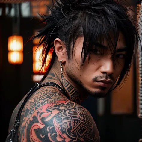 1 man, japanese man, male, asian eyes, muscular, broad shoulders, yakuza tattoos, hairstyle visual kei style, hair visual kei, b...