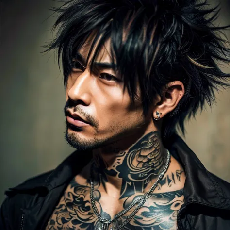 1 man, japanese man, male, asian eyes, muscular, broad shoulders, yakuza tattoos, hairstyle visual kei style, hair visual kei, b...