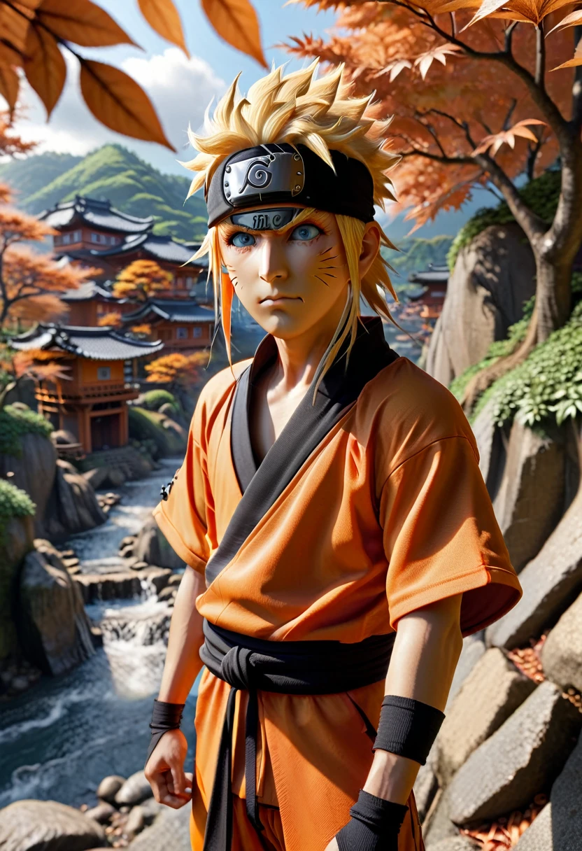 A realistic full-body image of Naruto Uzumaki in his orange and black ninja outfit, with spiky blond hair, blue eyes, and a Konoha headband. He stands confidently in the Hidden Leaf Village, with Hokage Rock in the background.