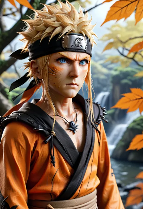 a realistic full-body image of naruto uzumaki in his orange and black ninja outfit, with spiky blond hair, blue eyes, and a kono...