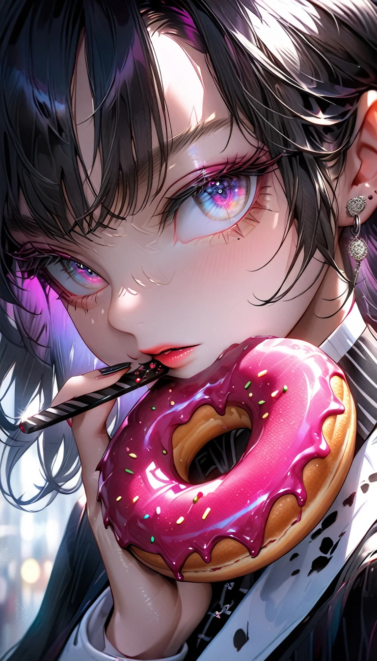 a stylish girl eating a donut, beautiful detailed eyes, beautiful detailed lips, extremely detailed face, long eyelashes, intricate donut texture, glossy donut surface, vibrant berry colors, natural lighting, photorealistic, 8k, (best quality:1.2), hyper detailed, (realistic:1.37), elegant, chic, modern, berry cute, studio lighting, cinematic