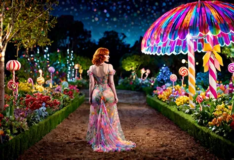 a detailed photo of christina rene hendricks in a sheer colorful gown without underwear, strolling through a candy land garden i...