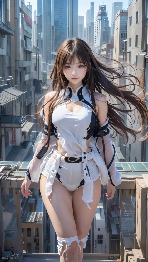 (((a pure and cute beautiful girl stands in a futuristic city:1.2))), (((upper body portrait))), beautiful straight hair, short ...