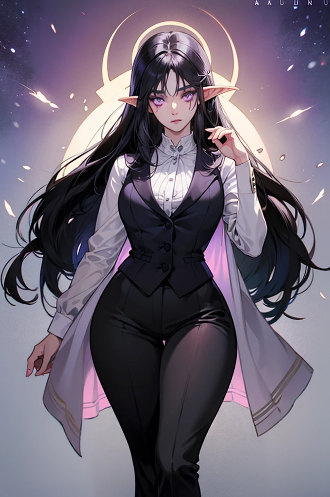 a young female night elfwith long black hair, purple eyes and skin,cold expression, wearing a black blazer or vest over a white blouse, fantasy anime style,elegant,charming, medium breasts, medium hips, slender figure, fantasy, medieval European