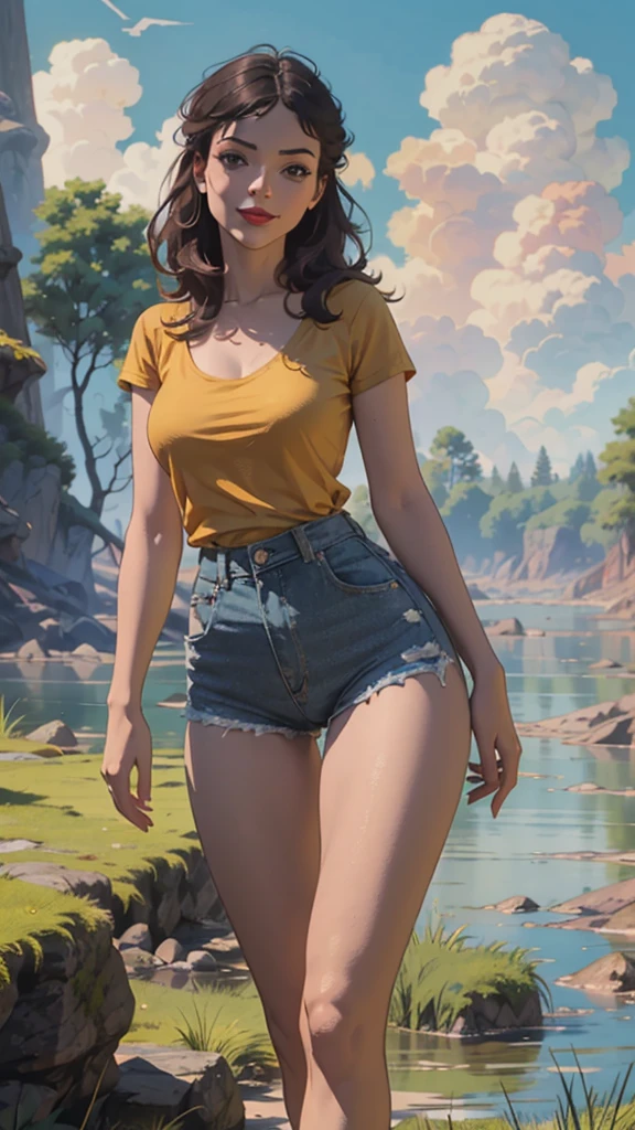 1 woman， beautiful，model，medium chest，Thin waist，thin legs，long legs, sexy，Posing ， Alone，（background with：forest） She has long hair，standing on his feet，seen from the front， black hair， mostly cloudy sky，（（（masterpiece），（Highly detailed CG Unity 8k wallpaper），The best quality，cinematic lighting，detailed background，beautiful detailed eyes，bright pupils，（very fine and beautiful），（Beautiful and detailed description of the eye.），black eyes，red lip，Ultra-detailed，masterpiece，）），looking to the camera，(A high resolution，Ultra-detailed），revealing breasts，sexy posture，smile，（fitted t-shirt，sexy denim shorts）