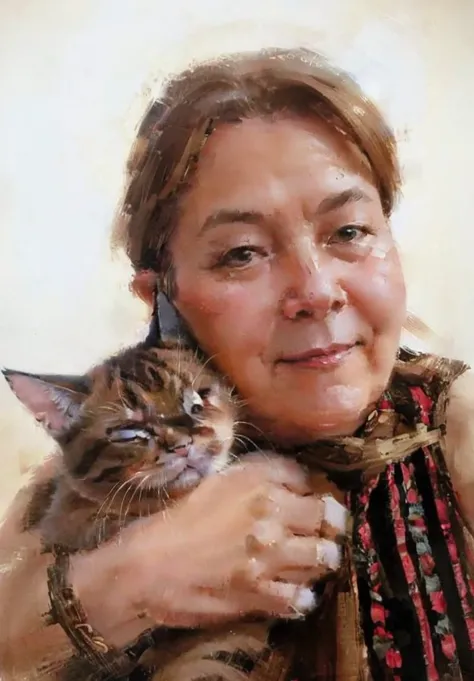 oil painting a happy 3 woman , with a brown kitten with black stripes .with the cat in his left arm , heavy brush strokes, paint...