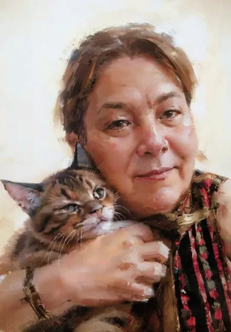 oil painting a happy 3 woman , with a brown kitten with black stripes .with the cat in his left arm , heavy brush strokes, paint...