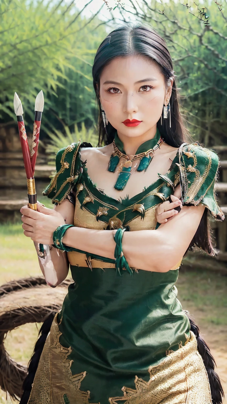 ((Realistic, cinematic, epic, Masterpiece: 1.3)), (raw photo:1.2), Hyperrealist portrait gorgeous Beautiful Chinese tribal female warriors, 30 years old, beautiful serious face, wrinkled face, beautiful detailed charming eyes, (pretty breasts: 1.1), ((dark green native warrior chainmail armor: 1.1), (tribal brocade fabric armor), (sexy dark green tribal warrior dress)), tribal loin cloth, tribal jewelry, tribal warrior headband, hand holding spear, tribal background, legendary warrior style, full body, standing pose, professional photography, font view, very detailed faces, (red lips, natural makeup: 1.5), Best quality, 8K, ancient style