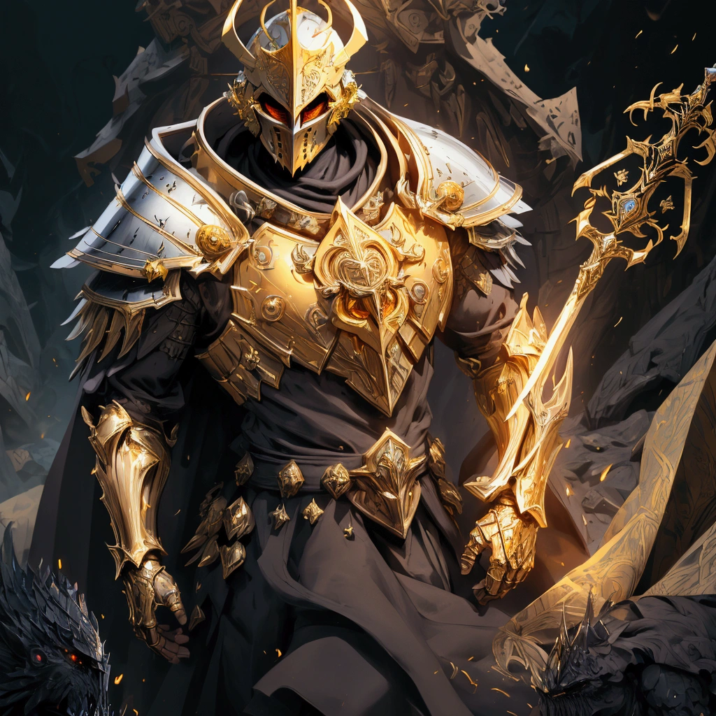 (Masterpiece:1.2), envision an intricate, 8k, highres, realistic, cinematic, dynamic, close up portrait of a faceless golden knight man clad in great armor with a grand helmet with bright white eyes with a large body in a dark fantasy style against a dark gray background, (Velstadt The Royal Aegis)