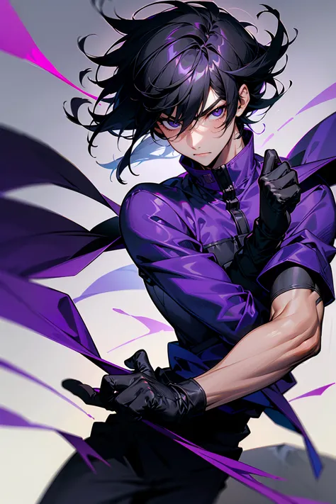 high quality, 1male, adult male, black eyes, black hair, medium length hair, darkskin, black bandages on arms, purple gloves, bl...