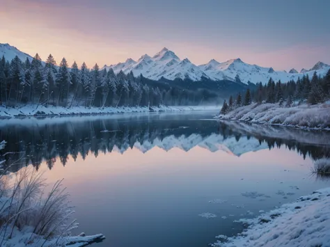 frozen lake, morning dawn, severe frost, frost, snowing, 4k, high resolution, high detail, random angle, hyperrealism, 300mm, f/...