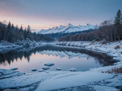 frozen lake, morning dawn, severe frost, frost, snowing, 4k, high resolution, high detail, random angle, hyperrealism, 300mm, f/...