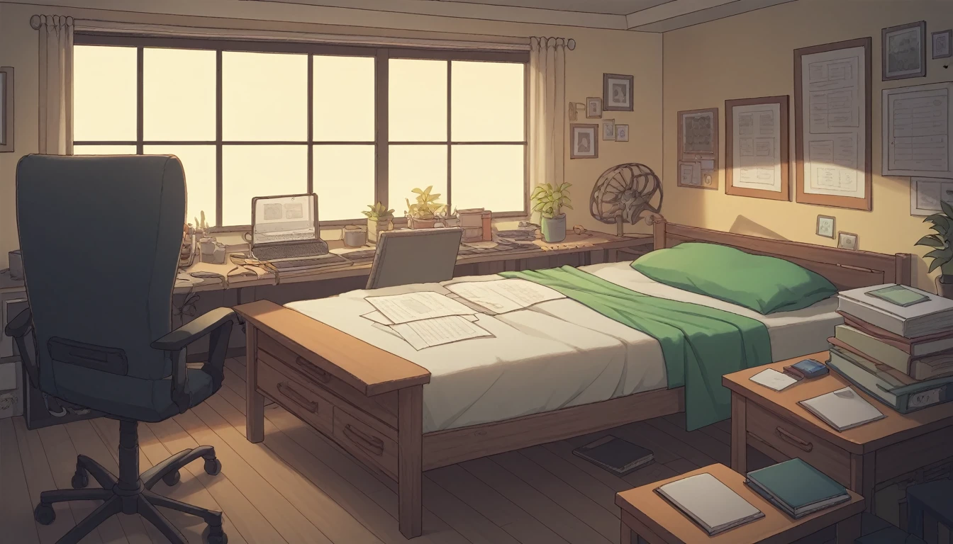 create a room with a bed, notebook on a table and an office chair. o notebook branco,green bed and you can add more things like a red headset in anime vtuber style at night and no frames,yellow wall and a wide view in the middle of the place at night, take out the frames and make a rural town in the window and I asked for a notebook not a pc and the resolution for 1920 x 1080