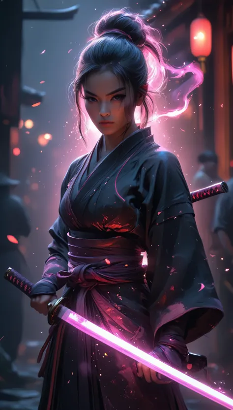 samurai, 25yo woman, hyperrealism, very detailed skin, 4k,,, ashleywoodartai,, katana profile picture, organic painting, night t...