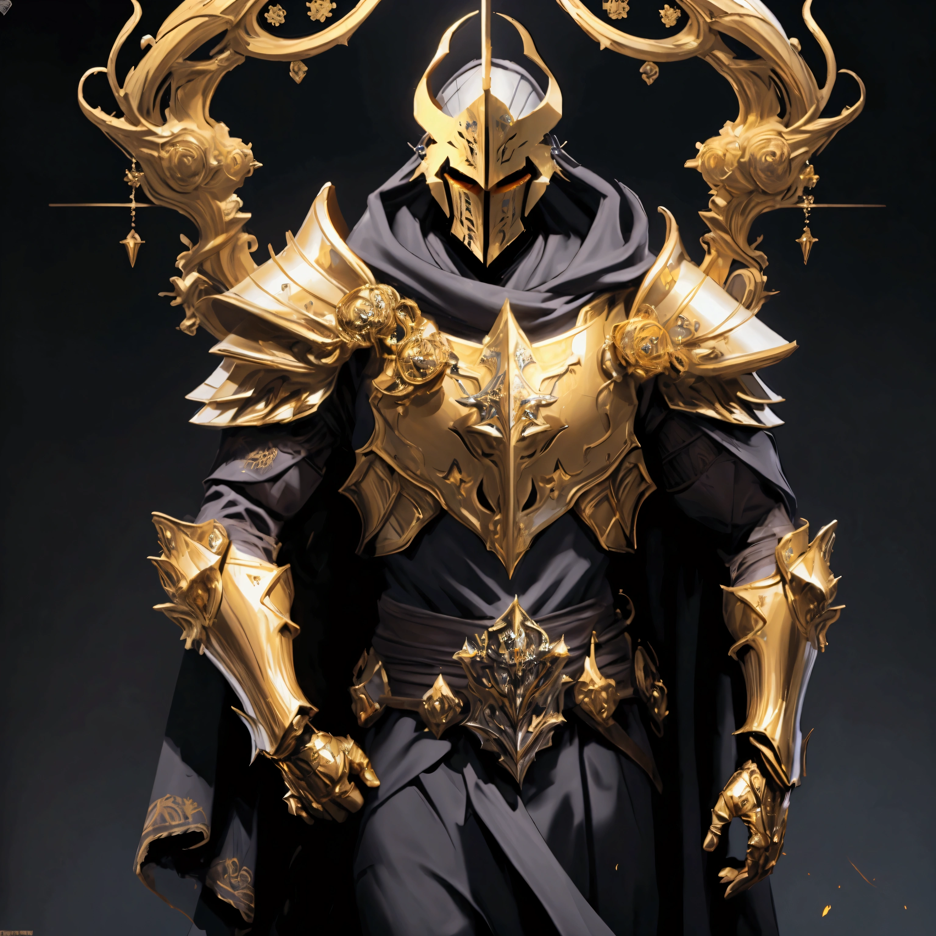 (Masterpiece:1.2), envision an intricate, 8k, highres, realistic, cinematic, dynamic, full body design of a faceless golden knight man clad in great armor with a grand helmet with bright white eyes with a large body in a dark fantasy style against a dark gray background, (Velstadt The Royal Aegis)