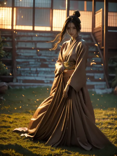 a lone samurai woman standing in a peaceful field at dusk, ready to draw her katana. she is wearing traditional samurai attire f...