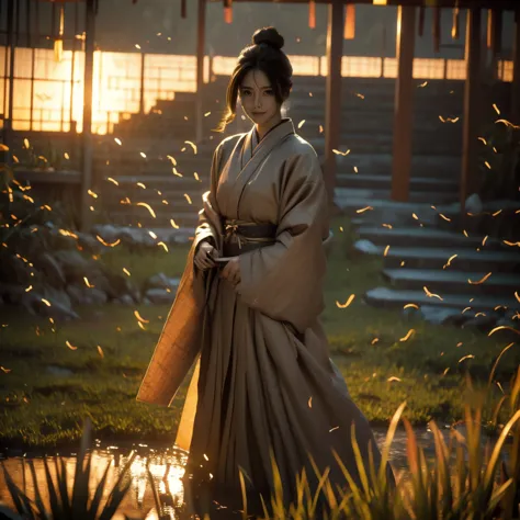 a lone samurai woman standing in a peaceful field at dusk, ready to draw her katana. she is wearing traditional samurai attire f...