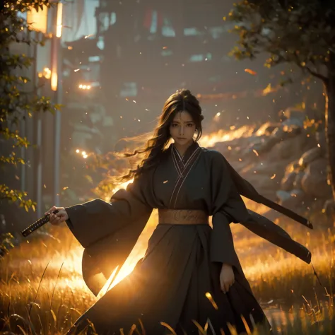 a lone samurai woman standing in a peaceful field at dusk, ready to draw her katana. she is wearing traditional samurai attire f...