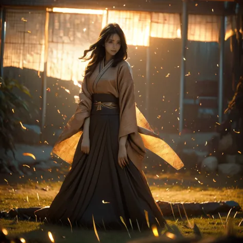 a lone samurai woman standing in a peaceful field at dusk, ready to draw her katana. she is wearing traditional samurai attire f...