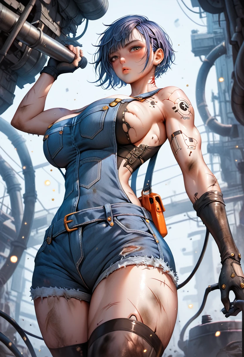 score_9, score_8_up, score_7_up, score_6_up, score_5_up, score_4_up, from below, tomboy, mechanic, short shorts, overalls, midriff, abs, huge breasts, sideboob, dirty, grinning, scars, complex machinery, machines, pipes, valves, 1girl, delicate and smooth skin, blush, perfect body, thighs, glossy lips, dutch angle, cyberpunk, perfect quality, high quality, photorealistic, dynamic pose BREAK orange and blue hue, (abstract:0.2), at night, fire particles 