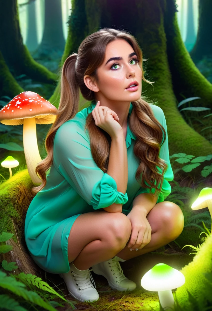 Lily, a  with long, wavy brown hair tied in a loose ponytail and bright green eyes, is now crouched near a glowing mushroom in the glade. Her hair is slightly tousled, and she looks amazed. Her eyes are wide with wonder, and she has a hand on her cheek, leaning forward to get a better view.