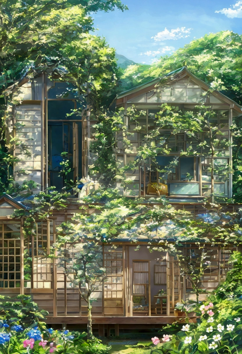 A serene seaside cottage surrounded by blooming flowers and lush greenery, set against a clear blue sky with fluffy white clouds. The scene is bathed in warm sunlight, casting soft shadows on the cottage and the garden. The style is reminiscent of a detailed and vibrant Japanese anime landscape, focusing on a peaceful and idyllic atmosphere similar to the works of Makoto Shinkai