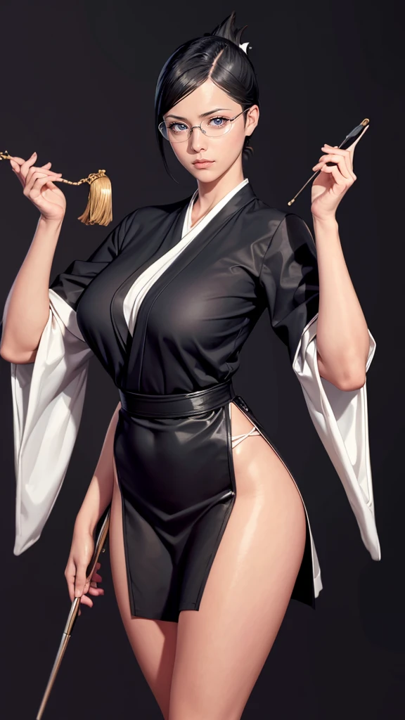 （（（Perfect figure，figure，solo，（ll））），，（（（black robes, sash, hakama skirt, maid dress ））） （（（I did it, folded ponytail，glasses, ））），((masterpiece)),high resolution, ((Best quality at best))，masterpiece，quality，Best quality，（（（ Exquisite facial features,(（（Lol，confidence, wide hips, fully clothed））)，））），型figure:1.7））），（（（Light and shadow，Huge breasts））），（（（Looking from the back，black background )))