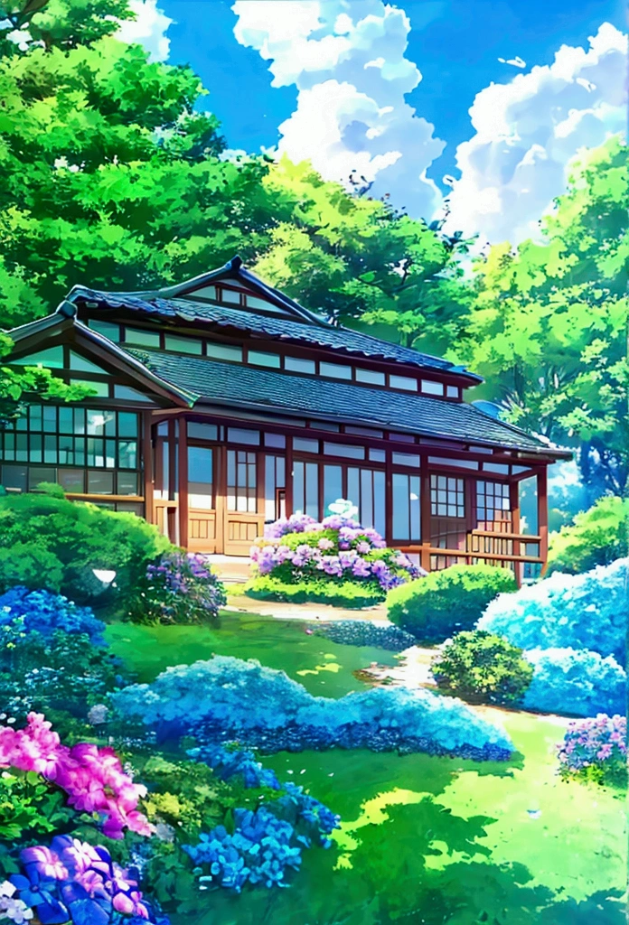 A serene seaside cottage surrounded by blooming flowers and lush greenery, set against a clear blue sky with fluffy white clouds. The scene is bathed in warm sunlight, casting soft shadows on the cottage and the garden. The style is reminiscent of a detailed and vibrant Japanese anime landscape, focusing on a peaceful and idyllic atmosphere similar to the works of Makoto Shinkai