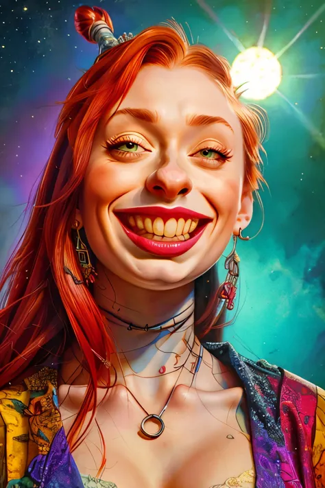 a (((caricature of sophie turner))) has a hippie girl floating in the sky, exaggerated facial features with large eyes and a wid...