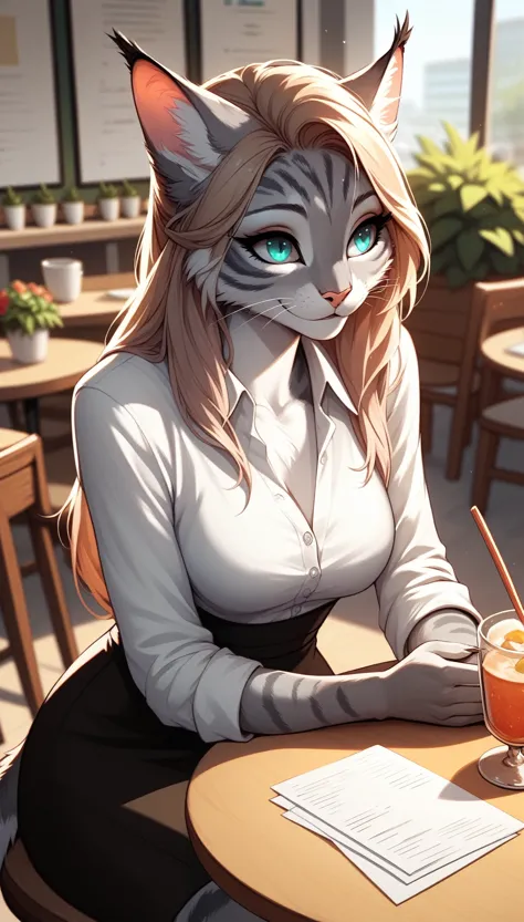 furry, female cat, puss, office clothes ,sitting in a cafe, summer terrace, sits by the table, tilted her head slightly, long ha...