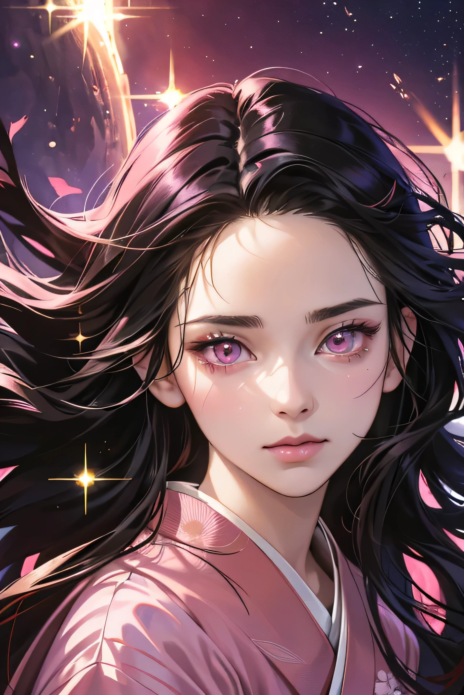 Nezuko from demon slayer. a young woman with long dark hair, (pink eyes), beautiful detailed eyes, beautiful detailed lips, extremely detailed face, longeyelashes, wearing a pink kimono, (best quality,4k,8k,highres,masterpiece:1.2),ultra-detailed,(realistic,photorealistic,photo-realistic:1.37),digital painting,exquisite detail,intricate details,highly detailed,vivid colors,warm lighting,cinematic lighting,dramatic lighting, iridescence, dramatic angle, space, (floating colorful sparkles:1.3), Dramatic Lighting, Chiaroscuro, Evocative Depth. Face Portrait. Close up. 