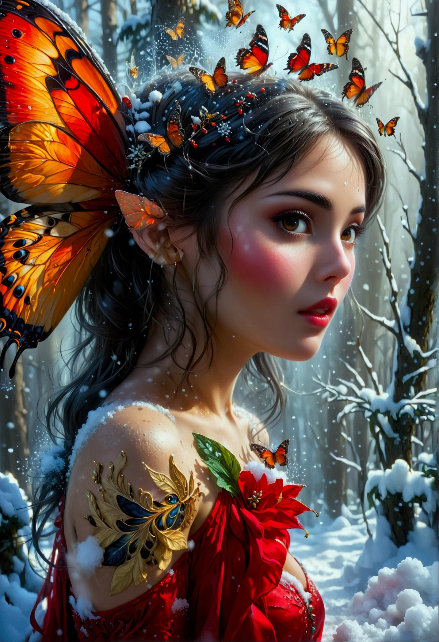 (oil painting art: 1.5) a most beautiful fairy playing in the snow, a beautiful fairy, ((full body shot: 1.5)), (best detailed face: 1.3), spread butterfly wings, dynamic hair color, dynamic hair style, busty, wearing red silk dress, intricate silk, wearing high heels boots, she is playing the snow, fresh snow in the forest, high snow, long shot,  High Detail, Ultra High Quality, High Resolution, 16K Resolution, Ultra HD Pictures, Ultra Realistic, Clear Details, Realistic Detail, Ultra High Definition, DonMF41ryW1ng5XL, 