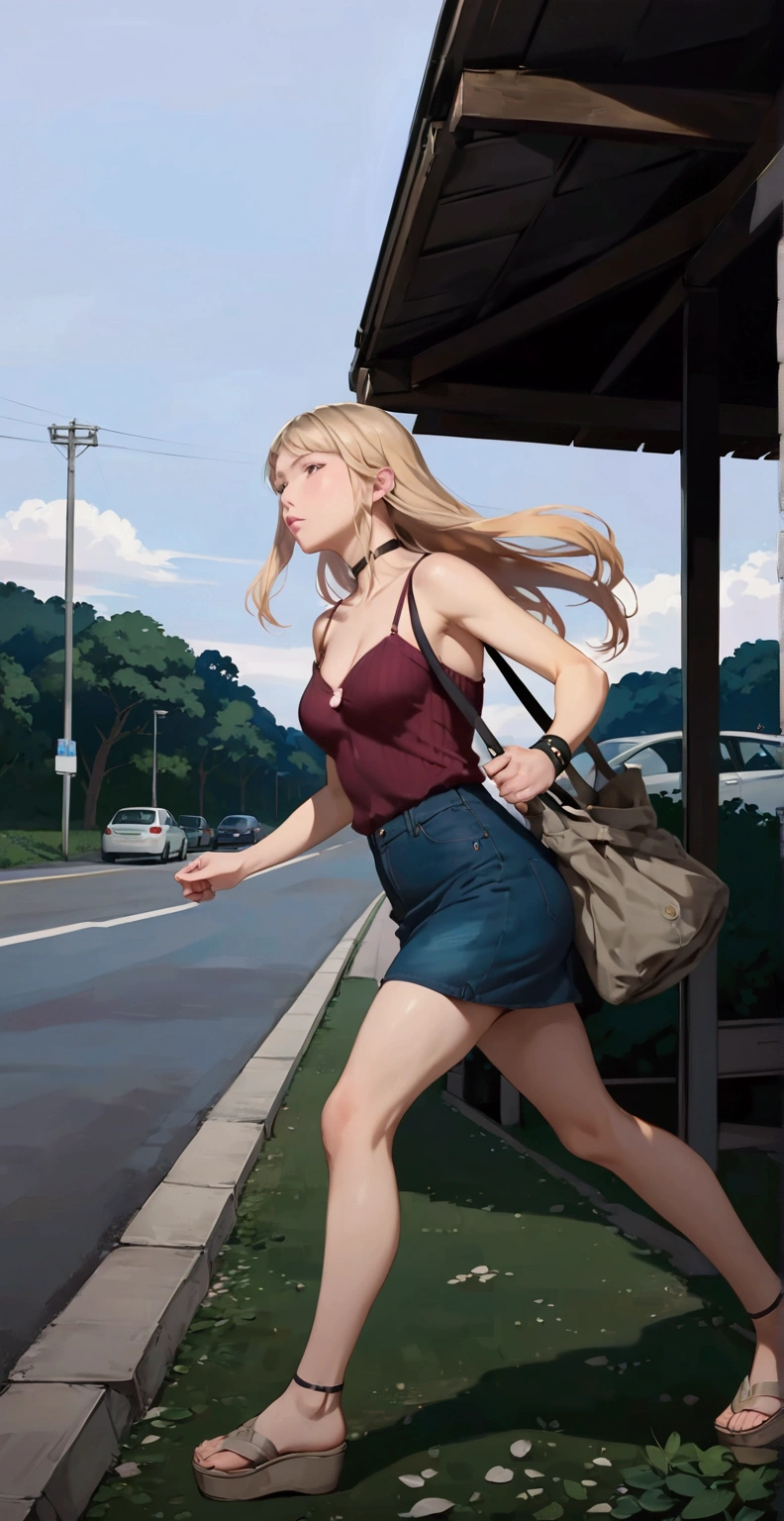 realistic anime illustration of  young woman, (marin kitagawa, long hair, bangs, blonde hair, red eyes, multicolored hair, pink hair), is carrying her bag and running along road, car parking, she wearing black choker, black wristband, magenta camisole, dark navy-blue denim pencil skirt, beige platform sandals, (1girl, solo, full body), (masterpiece, best quality, japanese anime style), (expressive eyes, perfect face)