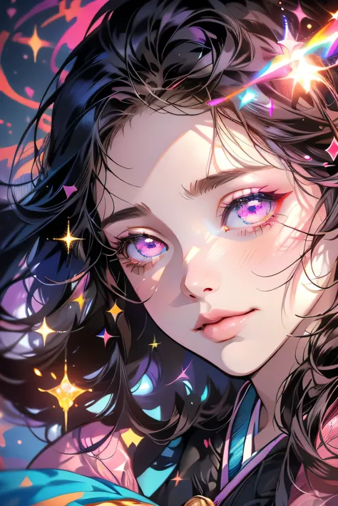 nezuko from demon slayer. a young woman with long dark hair, (pink eyes), beautiful detailed eyes, beautiful detailed lips, extr...